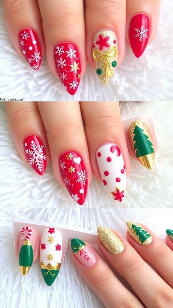 Short Christmas Almond Nail Ideas Short almond nails with Christmas designs including snowflakes, trees, and candy canes.